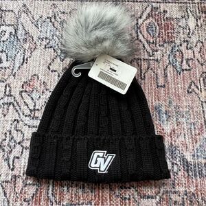 GV Grand Valley State University NWT Ribbed Black Knit Beanie Hat Fur Pom GVSU